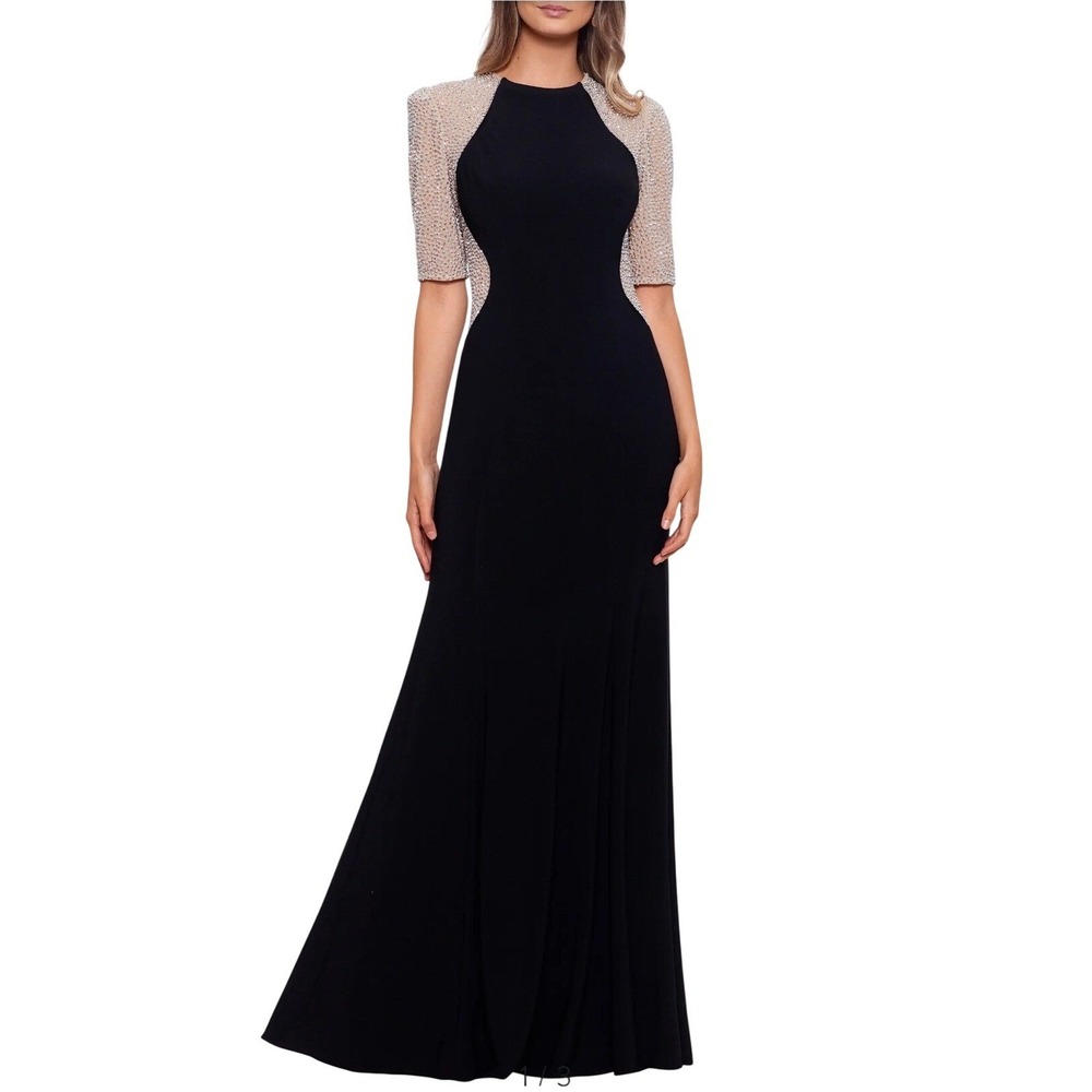 Xscape Beaded Mesh Sleeve Maxi Gown Dress Womens 16 Jersey Knit Wedding Guest